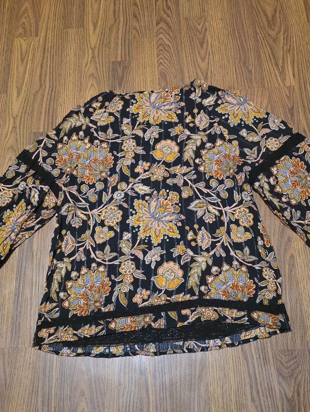 Cleo Petites M Black Gold Floral Boho Peasant Blouse Tassel Tie Long Sleeve Top - Picture 4 of 11